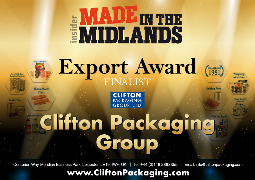 Insider Made in the Midlands 2017 - Export Award, packaging, flexible packaging, Clifton Packaging Group LTD.